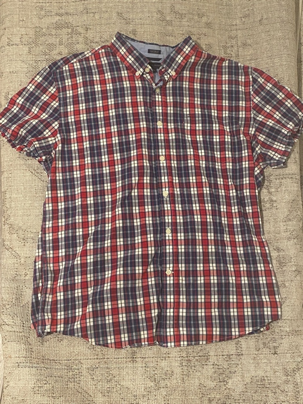 Tommy Hilfiger Red, Blue & White Plaid Short-Sleeve Button-Down Shirt
